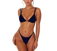 ForBeautyShe Women's Sexy Thong Bottom Two Piece Bikini Double Shoulder Straps Cute Swimsuit Triangle Bathing Suit - Black - Small
