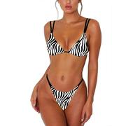 ForBeautyShe Women's Sexy Thong Bottom Two Piece Bikini Double Shoulder Straps Cute Swimsuit Triangle Bathing, Zebra Print, Small
