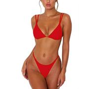 ForBeautyShe Women's Sexy Thong Bottom Two Piece Bikini Double Shoulder Straps Cute Swimsuit Triangle Bathing - red - Small