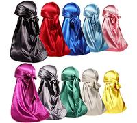 ForceWave 10 Pieces Silky Durags Long Tail for Women Men Satin Durag 360 Wave，Dorag, 10 Pieces, 10 Colors, 10 Count (Pack of 1)