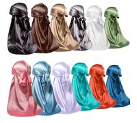 ForceWave 12 Pieces Silky Durag for Men Women Satin Durags for 360 Waves, Black, Brown, Champagne, Gray, White, Sage, Pink, Skyblue, Lilac, Turquoise, Orange, Peacock Blue, Large