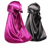 ForceWave 2 PCS Silky Satin Baby Durags for Boys Girls Infant, Black + Purple, New born