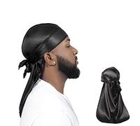 ForceWave 2 Pieces Silky Durag Pack for Men Women Waves, Premium Satin Deluxe Du-rag, Black Black, M