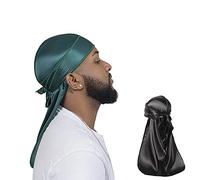 ForceWave 2 Pieces Silky Durag Pack for Men Women Waves, Premium Satin Deluxe Du-rag, Black Green, One size