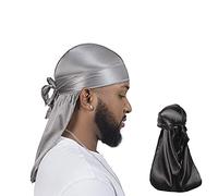 ForceWave 2 Pieces Silky Durag Pack for Men Women Waves, Premium Satin Deluxe Du-rag, Black Grey, One size