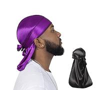 ForceWave 2 Pieces Silky Durag Pack for Men Women Waves, Premium Satin Deluxe Du-rag, Black Purple, M