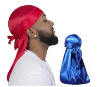 ForceWave 2 Pieces Silky Durag Pack for Men Women Waves, Premium Satin Deluxe Du-rag, Blue Red, One size