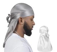 ForceWave 2 Pieces Silky Durag Pack for Men Women Waves, Premium Satin Deluxe Du-rag, White Grey, One size