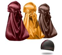 ForceWave 3 Pieces Silky Durags and 1 Wave Cap Pack for Men Waves, Moisture-Tech Fabric Satin Du-Rag, Burgundy,brown,gold, One size