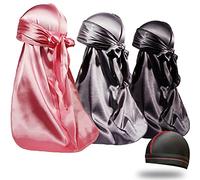 ForceWave 3 Pieces Silky Durags and 1 Wave Cap Pack for Men Waves, Moisture-Tech Fabric Satin Du-Rag, Pink+grey+black, S
