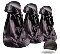 ForceWave 3 Pieces Silky Durags and 1 Wave Cap Pack for Men Waves, Moisture-Tech Fabric Satin Du-Rag, Black+black+black, S