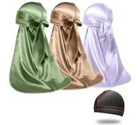 ForceWave 3 Pieces Silky Durags and 1 Wave Cap Pack for Men Waves, Moisture-Tech Fabric Satin Du-Rag, Sage,lilac,champagne, One size