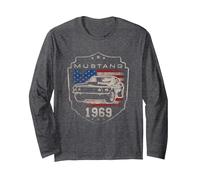 Ford Mustang 1969 Flag Long Sleeve T-Shirt, Adult Unisex, Dark Heather Grey, Small
