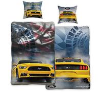 Ford Mustang Legend Bed Linen Yellow / Blue 135 cm x 200 cm + 80 cm x 80 cm Stang Pony US Muscle Car 100% Cotton in Renforcé Linen Quality Shelby GT 2 Designs Reversible Bed Linen Zip 008