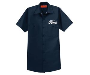 Ford Script Work Shirt for Men - Black Short Sleeve Mechanic Style with Embroidered Logo | Official Ford Apparel, Navy Blue, XXL