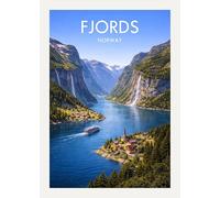 Fords Norway Travel Poster, Scenic Landscape Wall Art, Norwegian Village and Waterfall. Size A4