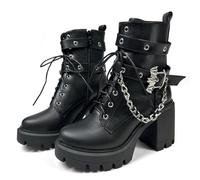 FOREADA Platform Boots Goth Combat Ankle Boots for Women Fashion Black Chunky Heel Gothic Boot Buckle Chain Lace-up Heeled Dress Shoes With Zipper, Lace-up Black, 6 UK