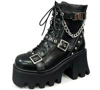 FOREADA Platform Combat Boots for Women Goth Motorcycle Moots Gothic Chunky Heel Ankle Booties Buckle Chain Lace-up Heeled Dress Shoes With Zipper, Punk Black, 6 UK