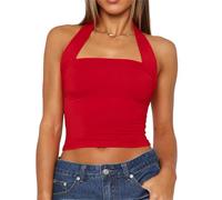 ForeFair Women Halter Neck Backless Crop Top Sexy Y2K Sleeveless Tank Top Open Back Slim Fit Tops, Red, XS