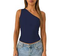 ForeFair Women One Shoulder Going Out Tank Top Double Lined Ruched Sleeveless Y2k Cute Summer Top, Navy Blue, S