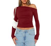 ForeFair Women Sexy Off The Shoulder Long Sleeve Tops Y2k Ruched Going Out Tops Slim Fit Fall T-Shirts, Burgundy, S