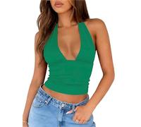 ForeFair Women's Sexy Halter Neck Backless Tank Top Deep V Neck Sleeveless Open Back Y2K Slim Fit Summer Crop Tops, Green, S