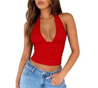 ForeFair Women's Sexy Halter Neck Backless Tank Top Deep V Neck Sleeveless Open Back Y2K Slim Fit Summer Crop Tops, Red, S
