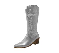 Foreign Trade New European and American Women's Tube Fluorescent Pointed Adult Boots Thick Heel Shoes Boots Womens Knee High Boots Wide Calf Leather (Silver, 4.5)