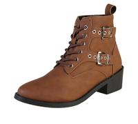 Foreign Trade Round Head Belt Buckle Square Heel PU European And American Women's Short Boots Autumn And Winter New Ankle Boots Ladies Walking Boots Size 6 (Coffee, 6.5)