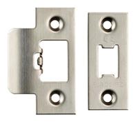 Forend Strike & Fixing Pack - Suitable for Tubular Latch - Satin Steel | Forend Strike & Fixing Protective Plate Set - Door Lock Furnishings - Forend Plate, Strike Plate and Screws Included