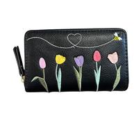 Fores Collection Embroidered Bee & Tulips Zip Around Card & Coin Purse - Black