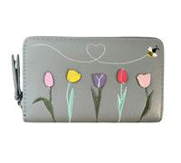 Fores Collection Embroidered Bee & Tulips Zip Around Card & Coin Purse - Grey