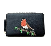 Fores Collection Embroidered Robin on Branch Zip-Around Card & Coin Purse - Black