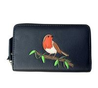 Fores Collection Embroidered Robin on Branch Zip-Around Card & Coin Purse - Dark Blue