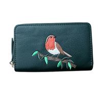 Fores Collection Embroidered Robin on Branch Zip-Around Card & Coin Purse - Green