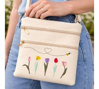 Fores Collection Tulip & Bee Embroidered Crossbody Bag with Adjustable Strap - Cream