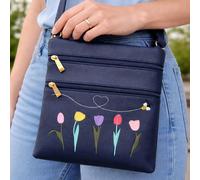 Fores Collection Tulip & Bee Embroidered Crossbody Bag with Adjustable Strap - Navy
