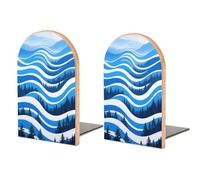 Forest Abstract Wave Wood Bookends with Metal Base, Decorative Book Holder for Shelves - Wooden Book Ends for Office, Library, Desk & Home Decor