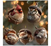 Forest Animal Acorn Ornaments, Cozy Forest Christmas Ornaments, 2D Acrylic Lovely Sleeping Animal Crafts, Rustic Nature Themed Christmas Tree Decoration (5pcs H)