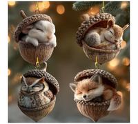 Forest Animal Acorn Ornaments, Cozy Forest Christmas Ornaments, 2D Acrylic Lovely Sleeping Animal Crafts, Rustic Nature Themed Christmas Tree Decoration (4pcs I)
