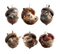 Forest Animal Acorn Ornaments, Cozy Forest Christmas Ornaments, Cute Pine Cone Animals Pendants, 2D Acrylic Lovely Sleeping Animal Christmas Tree Hanging Decorations Rustic Nature Themed (6Pcs)