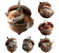 Forest Animal Acorn Ornaments - Set of 6 Woodland Christmas Tree Decorations, 2D Brown Acrylic Squirrel Fox Deer Hedgehog Figurines for Xmas Gifts, Nature Themed Home Decor for Animal Lovers