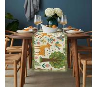 Forest Animal Table Runner 13x120 inch Bear Deer Bird Green Tree Pink Flower Love Plant Border Cotton Linen Dining Table Runner Ideal for Dresser Kitchen Coffee Tables - Machine Washable