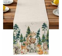Forest Animal Table Runner, Cute Cartoon Bear Elephant Deer Foxes Squirrel Owl Linen Cotton and Table Linen Runner for Kitchen Dining Home Decor for Party Festival Holiday Decoration Gift 13x60in