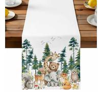 Forest Animal Table Runner, Cute Cartoon Bear Elephant Deer Foxes Squirrel Owl Tree Cotton and Table Linen Runner for Kitchen Dining Home Decor for Party Festival Holiday Decoration Gift 18x72in
