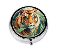 Forest Animal Tiger Round Pill Box with 3 Compartments, Mini Metal Pill Organizer for Purse or Pocket, Lightweight Portable for Daily Use Gifts Travel