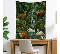 Forest Animals Green Tapestry, Deer Bear Swans Nature Wall Hanging, Rustic Tapestries for Living Room, Bedroom, Home Decor 40x60 Inch
