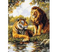 Forest Animals Printed Canvas 11CT Cross Stitch,Tiger and Lion,DIY Embroidery Complete Kit DMC Threads Handicraft Needlework,16x20in