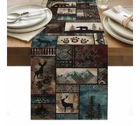 Forest Animals Table Runner 13 x 108 Inch, Western Country Bear Elk Deer Wildlife Plaid Washable Cotton Linen Dining Table Runner Tabletop Decorations for Restaurant Home Kitchen Party