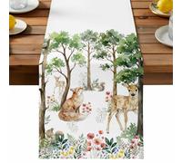 Forest Animals Table Runner, Watercolor Small Deer Fox Squirrels Red Flower Tree Cotton and Table Linen Runner for Kitchen Dining Home Decor for Party Festival Holiday Decoration Gift 14x72in